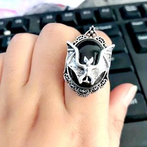 Bat Ring Adjustable * Resin Black Stone Silver Tone Alloy Halloween 👻